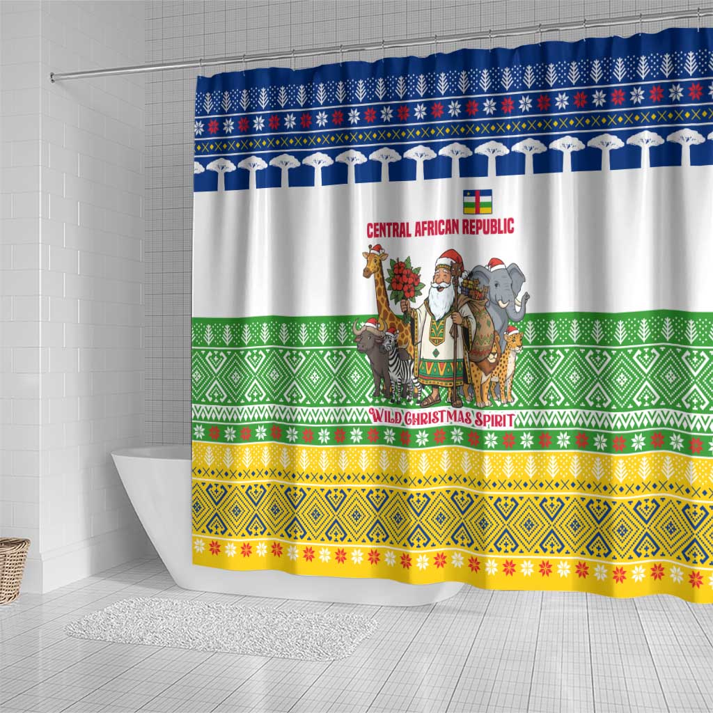 Central African Republic Christmas Shower Curtain with Santa and Safari Animals Baobab Trees Snowflakes and Tribal Pattern - Wonder Print Shop