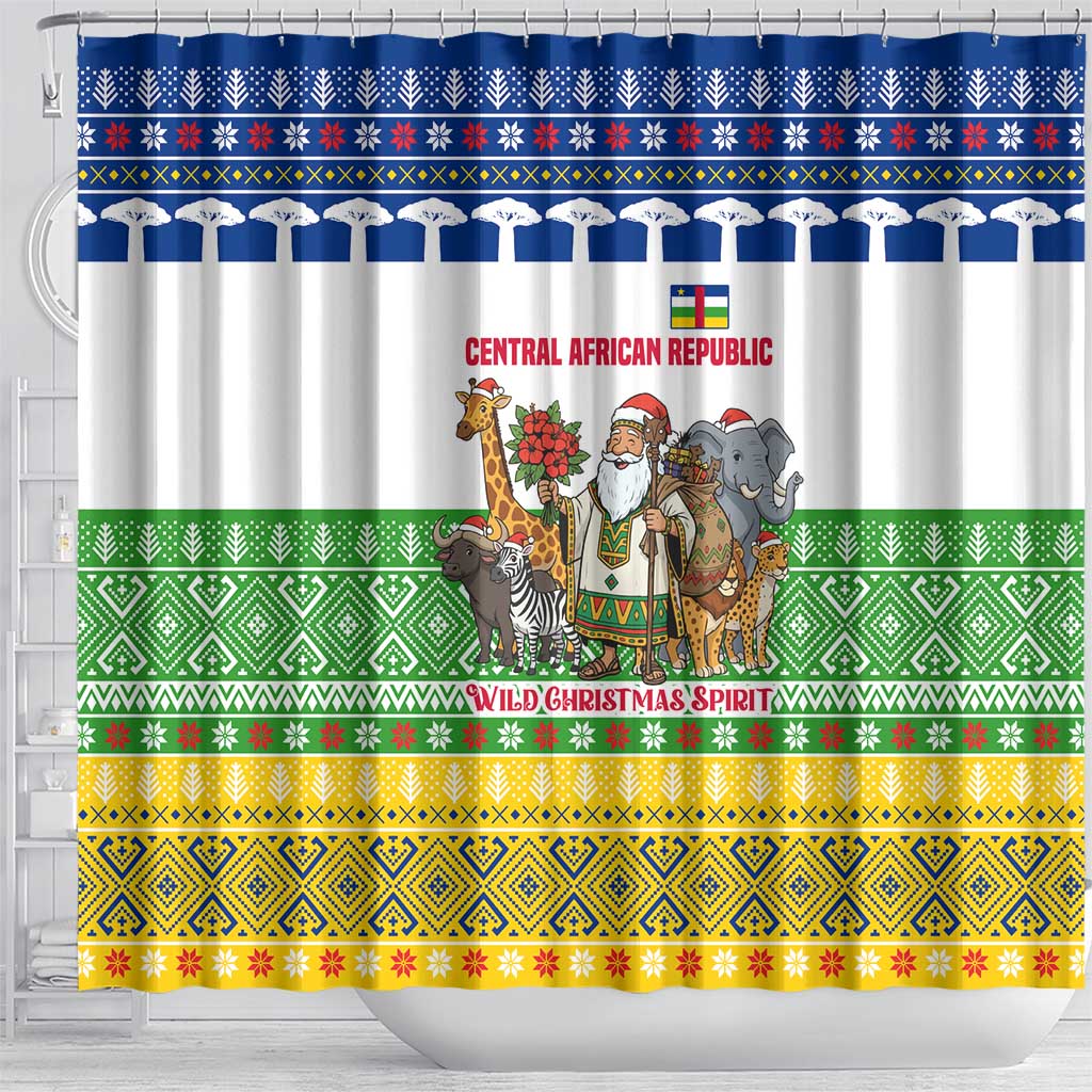Central African Republic Christmas Shower Curtain with Santa and Safari Animals Baobab Trees Snowflakes and Tribal Pattern - Wonder Print Shop
