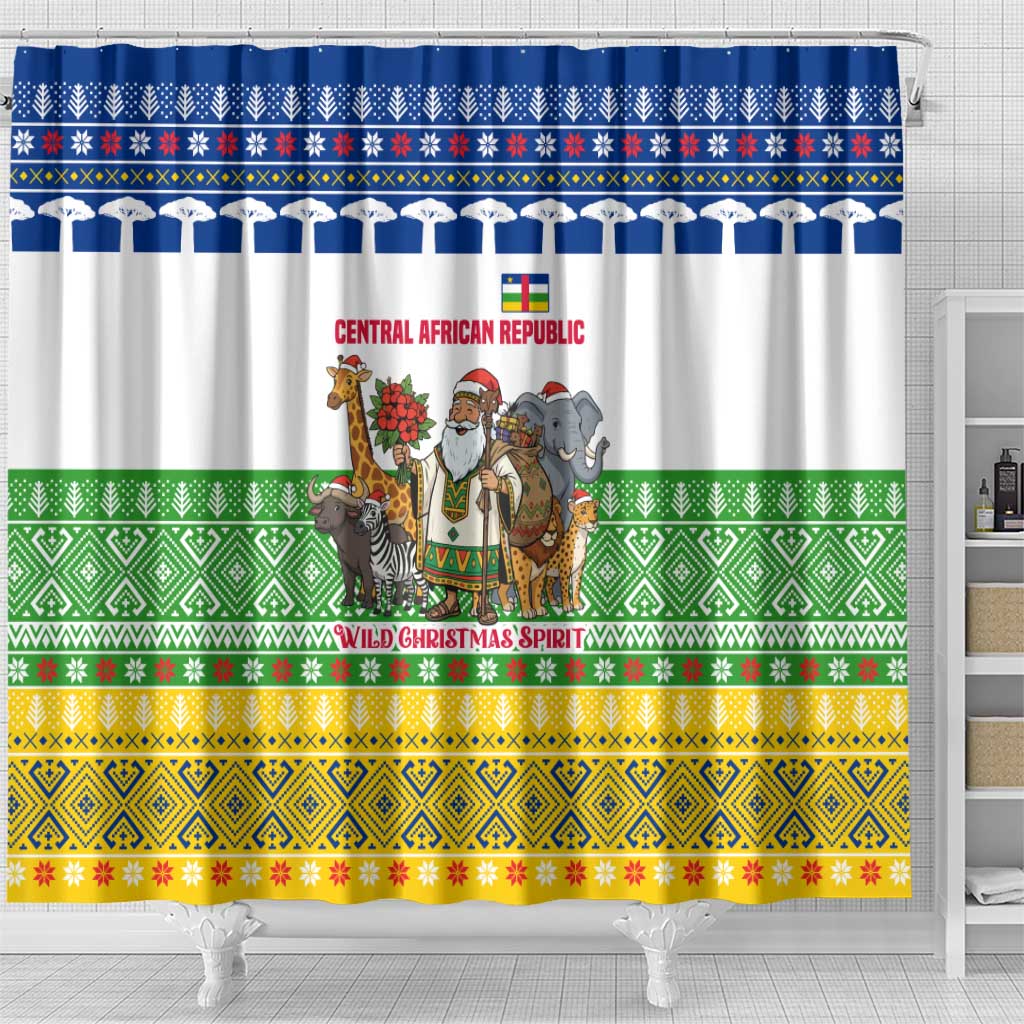 Central African Republic Christmas Shower Curtain with Santa and Safari Animals Baobab Trees Snowflakes and Tribal Pattern - Wonder Print Shop