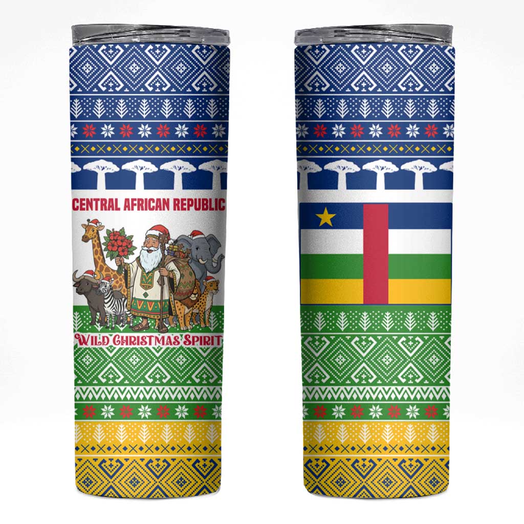 Central African Republic Christmas Skinny Tumbler with Santa and Safari Animals Baobab Trees Snowflakes and Tribal Pattern - Wonder Print Shop
