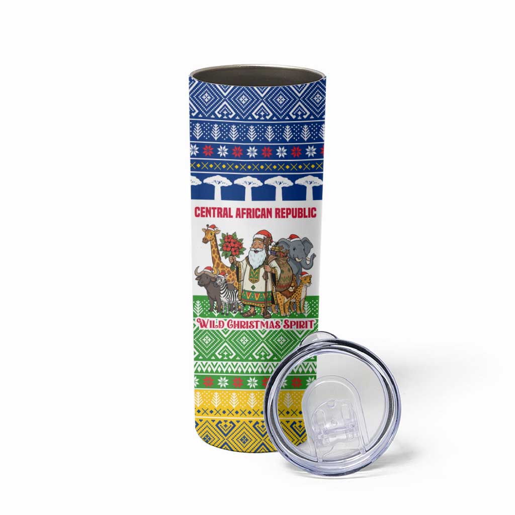 Central African Republic Christmas Skinny Tumbler with Santa and Safari Animals Baobab Trees Snowflakes and Tribal Pattern - Wonder Print Shop