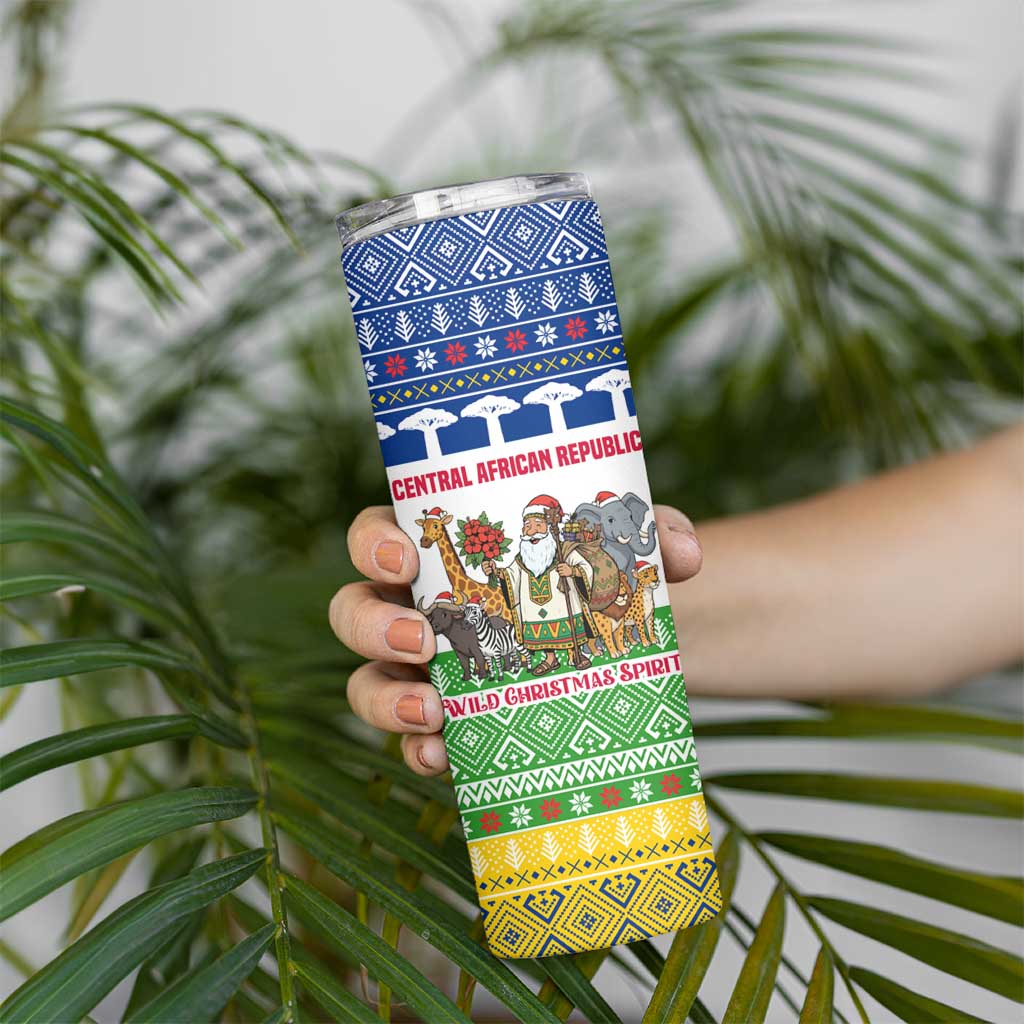 Central African Republic Christmas Skinny Tumbler with Santa and Safari Animals Baobab Trees Snowflakes and Tribal Pattern - Wonder Print Shop