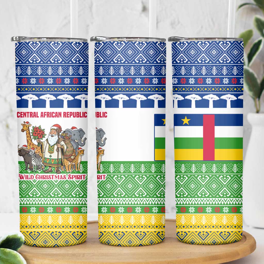 Central African Republic Christmas Skinny Tumbler with Santa and Safari Animals Baobab Trees Snowflakes and Tribal Pattern - Wonder Print Shop