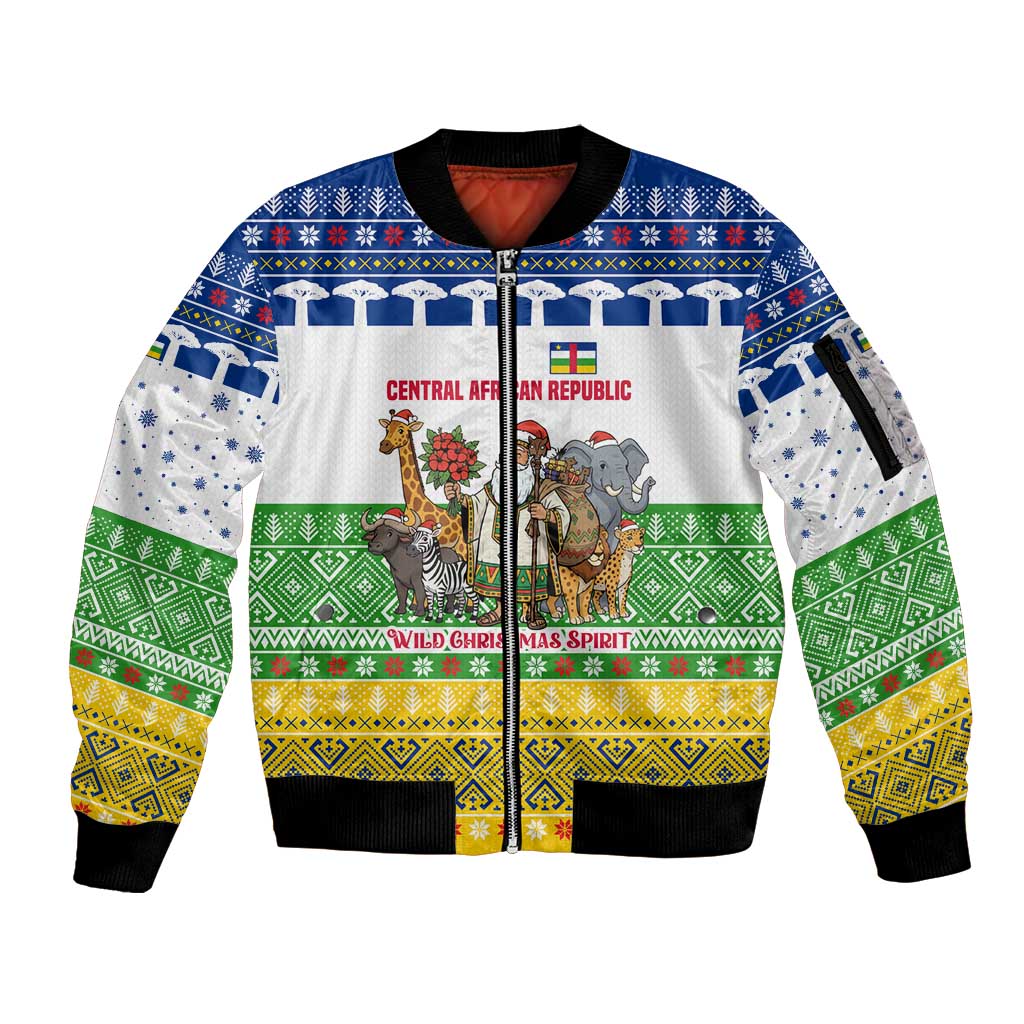Central African Republic Christmas Sleeve Zip Bomber Jacket with Santa and Safari Animals Baobab Trees Snowflakes and Tribal Pattern - Wonder Print Shop