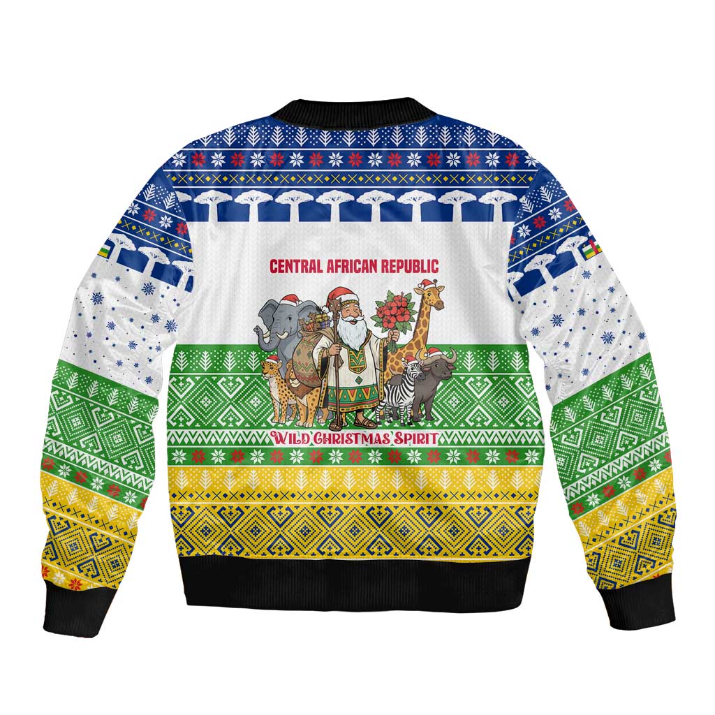 Central African Republic Christmas Sleeve Zip Bomber Jacket with Santa and Safari Animals Baobab Trees Snowflakes and Tribal Pattern - Wonder Print Shop