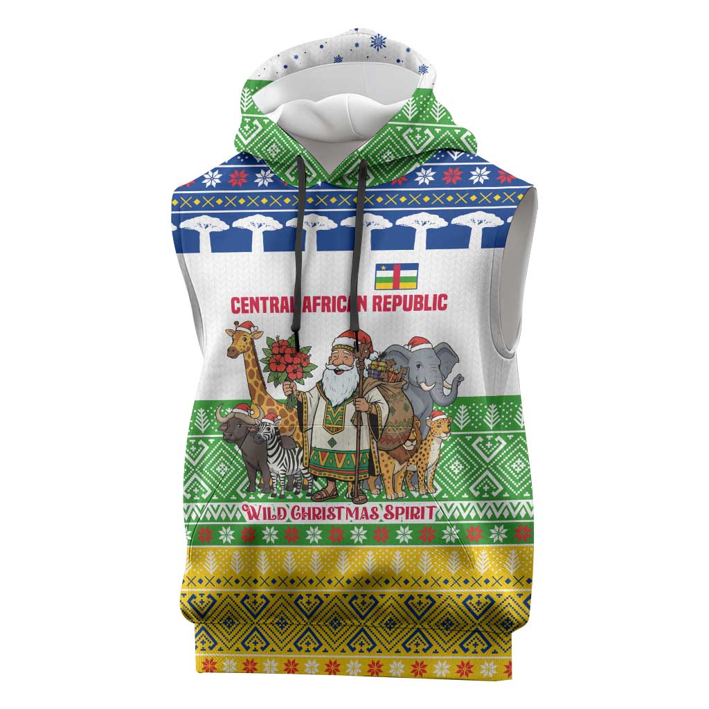 Central African Republic Christmas Sleeveless Hoodie with Santa and Safari Animals Baobab Trees Snowflakes and Tribal Pattern - Wonder Print Shop
