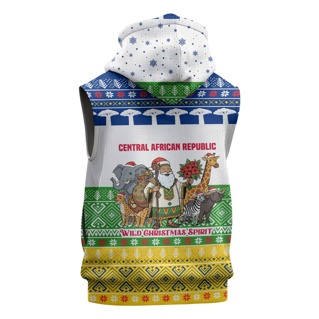 Central African Republic Christmas Sleeveless Hoodie with Santa and Safari Animals Baobab Trees Snowflakes and Tribal Pattern - Wonder Print Shop