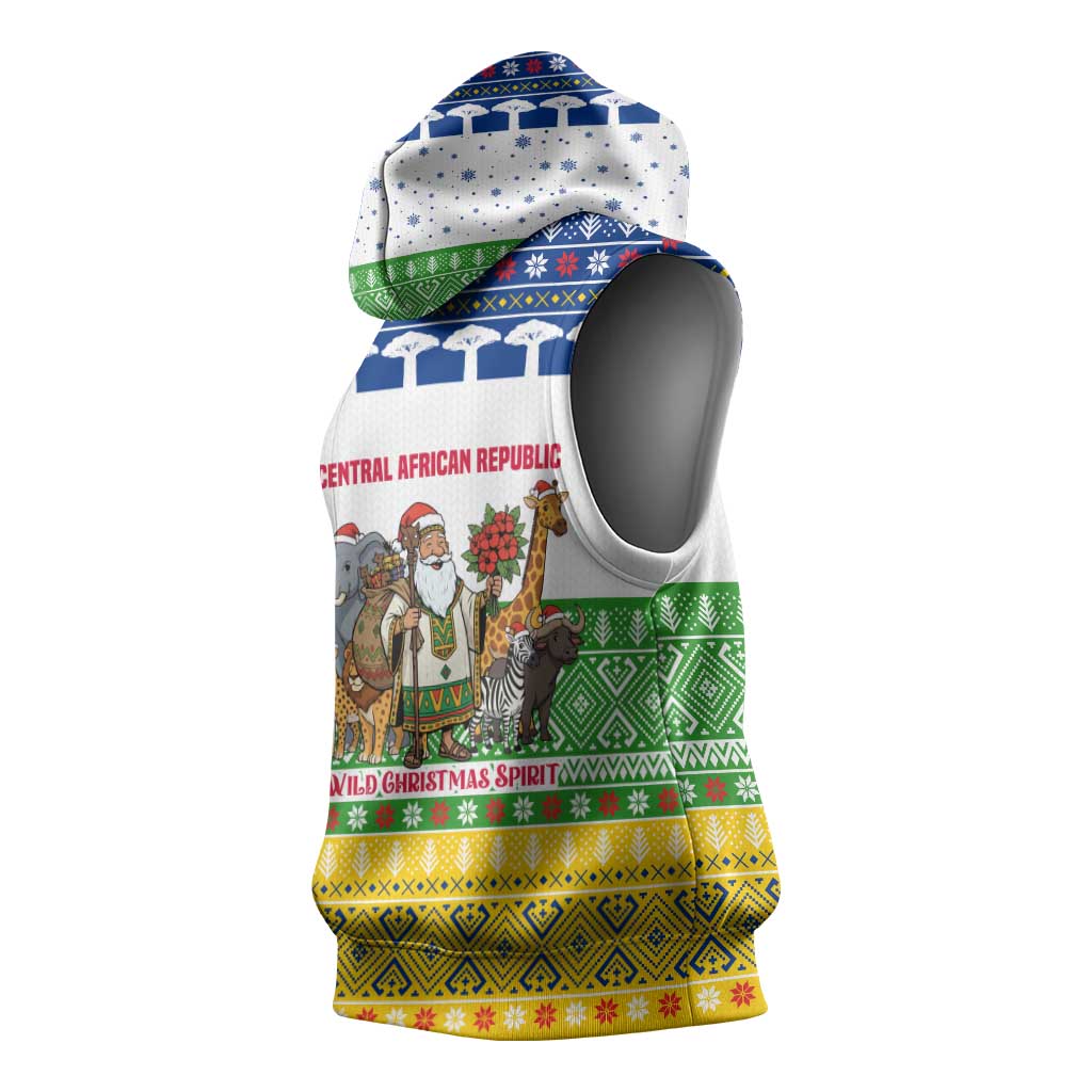 Central African Republic Christmas Sleeveless Hoodie with Santa and Safari Animals Baobab Trees Snowflakes and Tribal Pattern - Wonder Print Shop