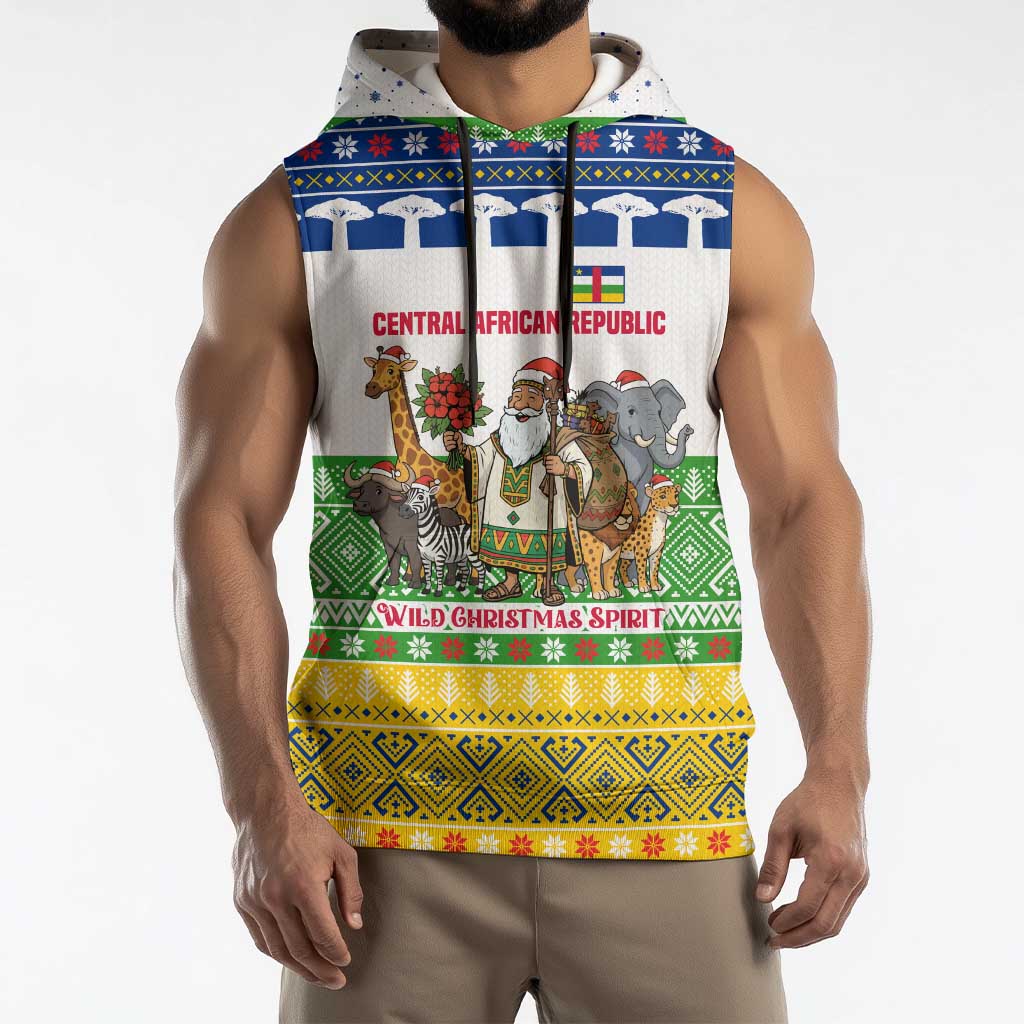 Central African Republic Christmas Sleeveless Hoodie with Santa and Safari Animals Baobab Trees Snowflakes and Tribal Pattern - Wonder Print Shop