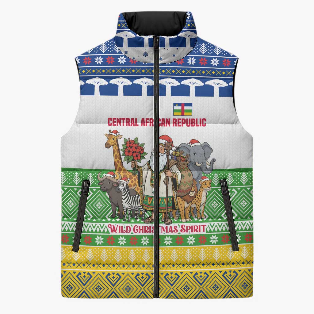 Central African Republic Christmas Sleeveless Puffer Jacket with Santa and Safari Animals Baobab Trees Snowflakes and Tribal Pattern - Wonder Print Shop