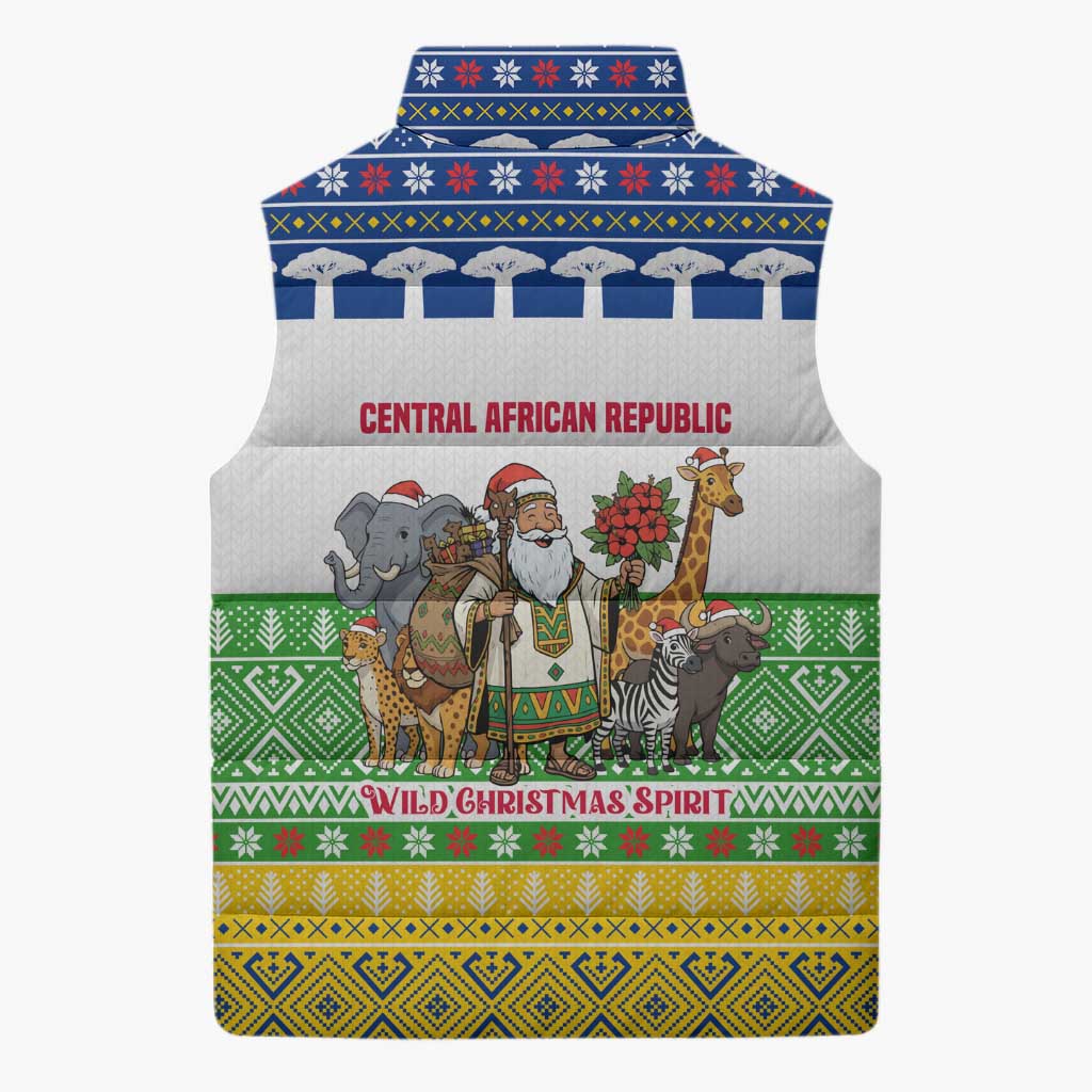 Central African Republic Christmas Sleeveless Puffer Jacket with Santa and Safari Animals Baobab Trees Snowflakes and Tribal Pattern - Wonder Print Shop