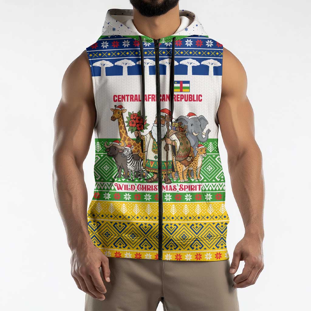 Central African Republic Christmas Sleeveless Zip Hoodie with Santa and Safari Animals Baobab Trees Snowflakes and Tribal Pattern - Wonder Print Shop