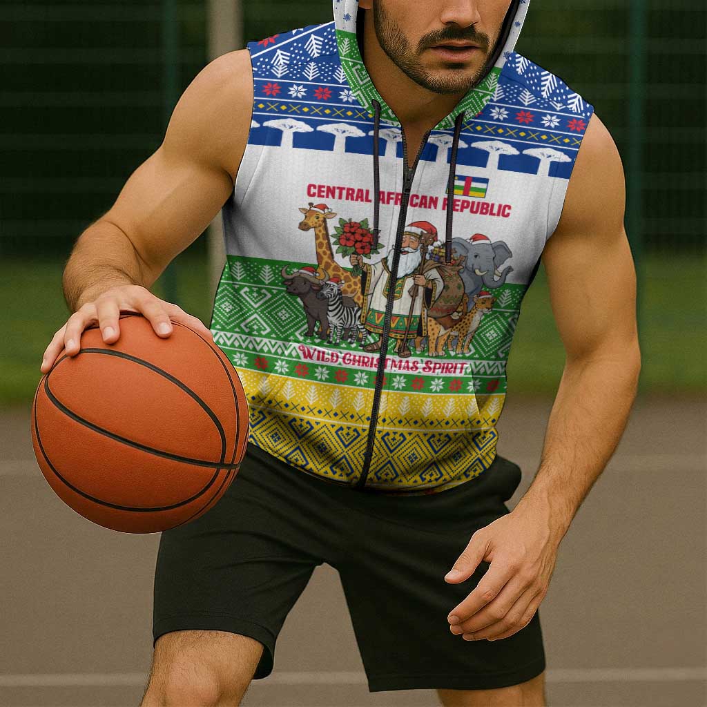 Central African Republic Christmas Sleeveless Zip Hoodie with Santa and Safari Animals Baobab Trees Snowflakes and Tribal Pattern - Wonder Print Shop