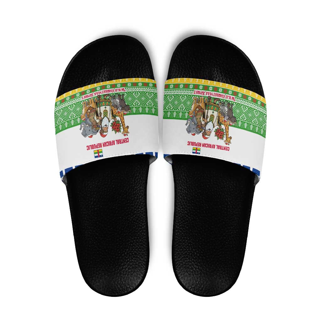 Central African Republic Christmas Slide Sandals with Santa and Safari Animals Baobab Trees Snowflakes and Tribal Pattern - Wonder Print Shop