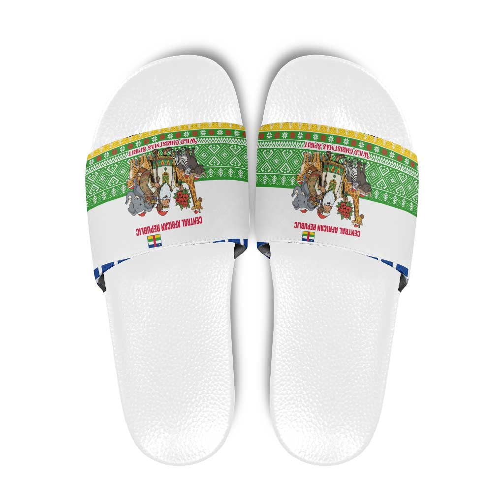 Central African Republic Christmas Slide Sandals with Santa and Safari Animals Baobab Trees Snowflakes and Tribal Pattern - Wonder Print Shop