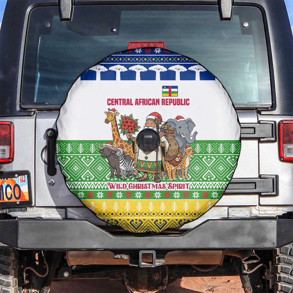Central African Republic Christmas Spare Tire Cover with Santa and Safari Animals Baobab Trees Snowflakes and Tribal Pattern - Wonder Print Shop