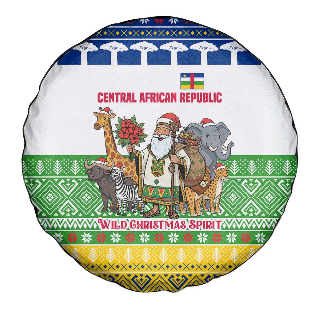 Central African Republic Christmas Spare Tire Cover with Santa and Safari Animals Baobab Trees Snowflakes and Tribal Pattern - Wonder Print Shop