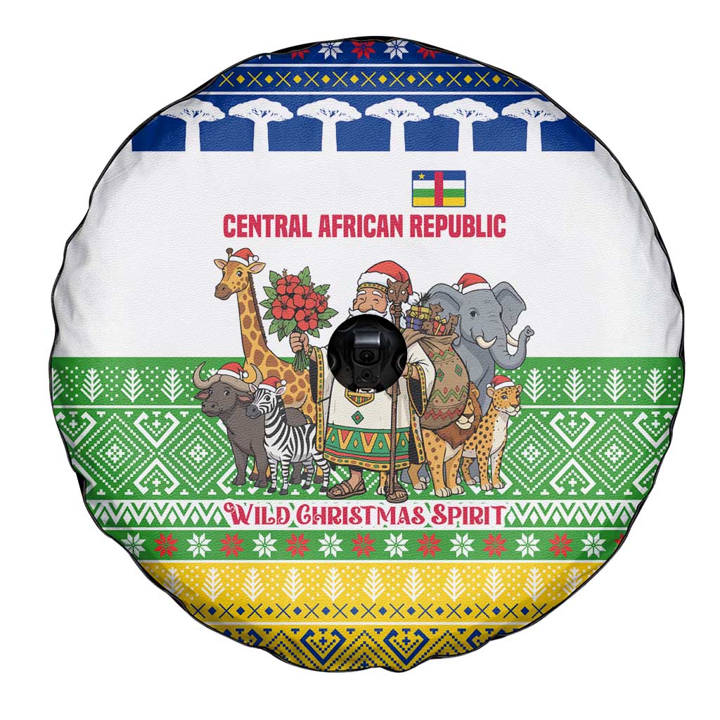 Central African Republic Christmas Spare Tire Cover with Santa and Safari Animals Baobab Trees Snowflakes and Tribal Pattern - Wonder Print Shop