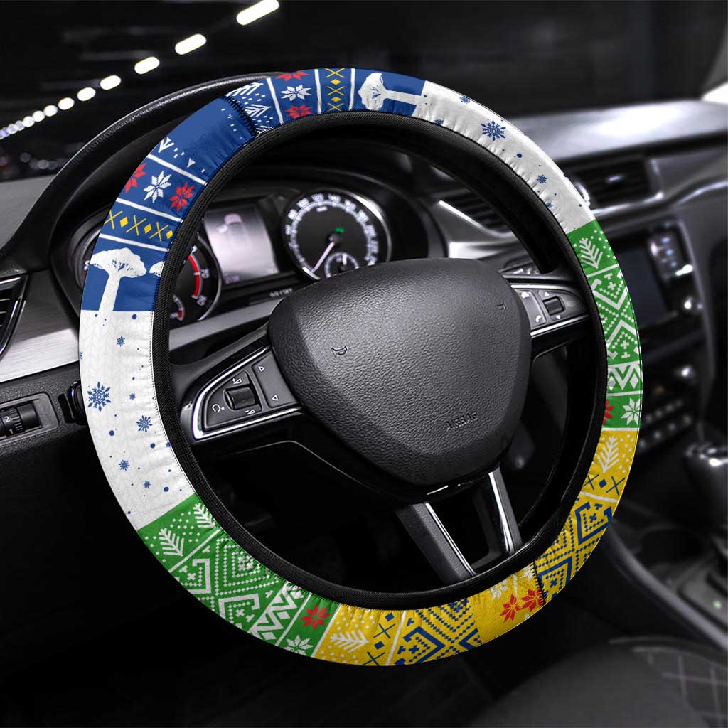 Central African Republic Christmas Steering Wheel Cover with Santa and Safari Animals Baobab Trees Snowflakes and Tribal Pattern - Wonder Print Shop