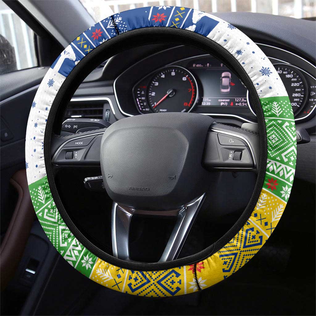 Central African Republic Christmas Steering Wheel Cover with Santa and Safari Animals Baobab Trees Snowflakes and Tribal Pattern - Wonder Print Shop