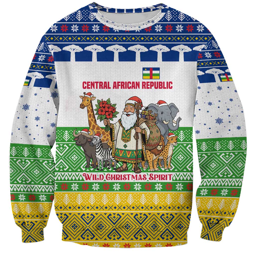 Central African Republic Christmas Sweatshirt with Santa and Safari Animals Baobab Trees Snowflakes and Tribal Pattern - Wonder Print Shop