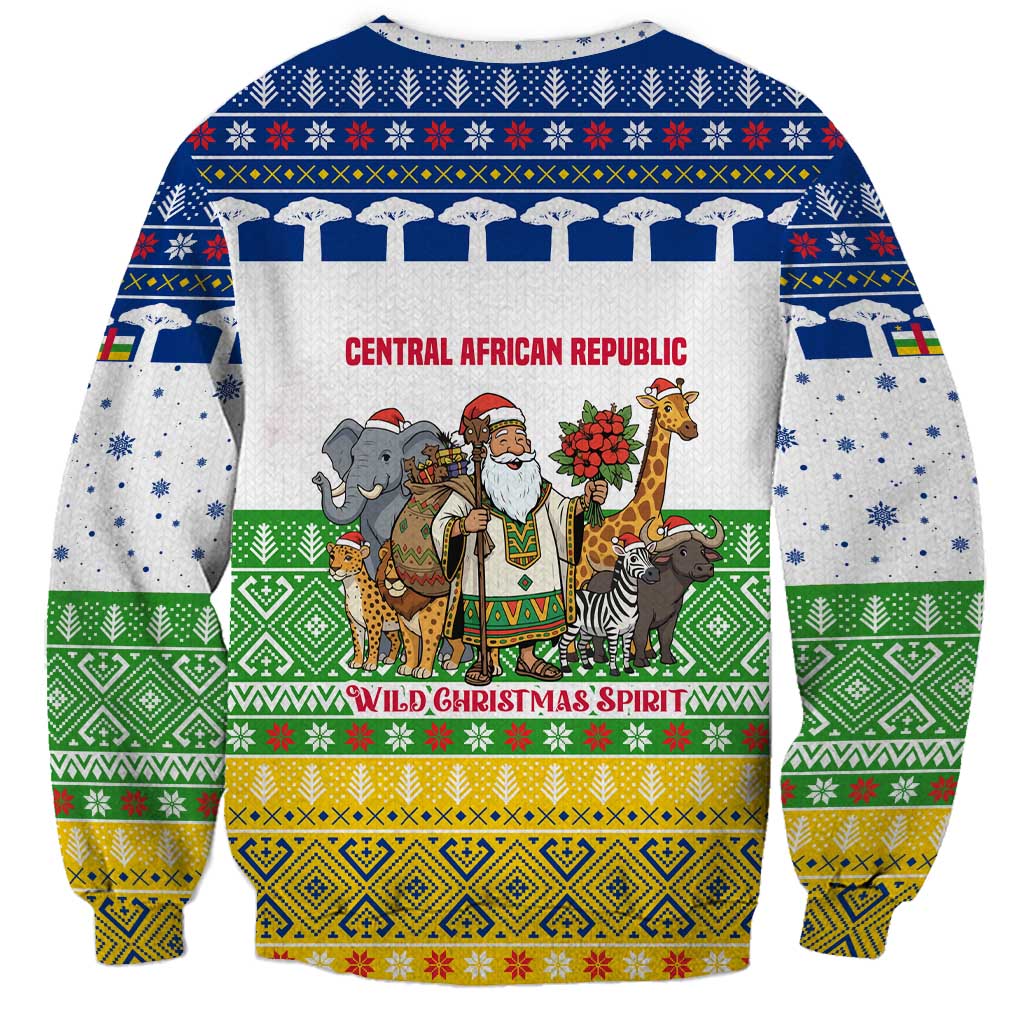 Central African Republic Christmas Sweatshirt with Santa and Safari Animals Baobab Trees Snowflakes and Tribal Pattern - Wonder Print Shop