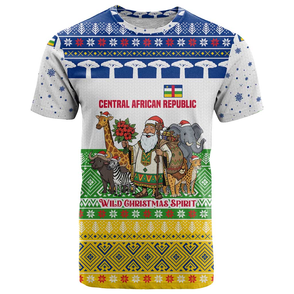 Central African Republic Christmas T Shirt with Santa and Safari Animals Baobab Trees Snowflakes and Tribal Pattern - Wonder Print Shop