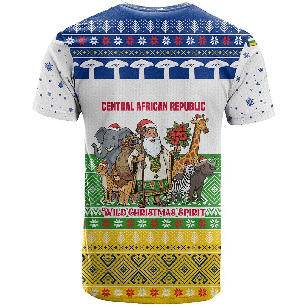 Central African Republic Christmas T Shirt with Santa and Safari Animals Baobab Trees Snowflakes and Tribal Pattern - Wonder Print Shop