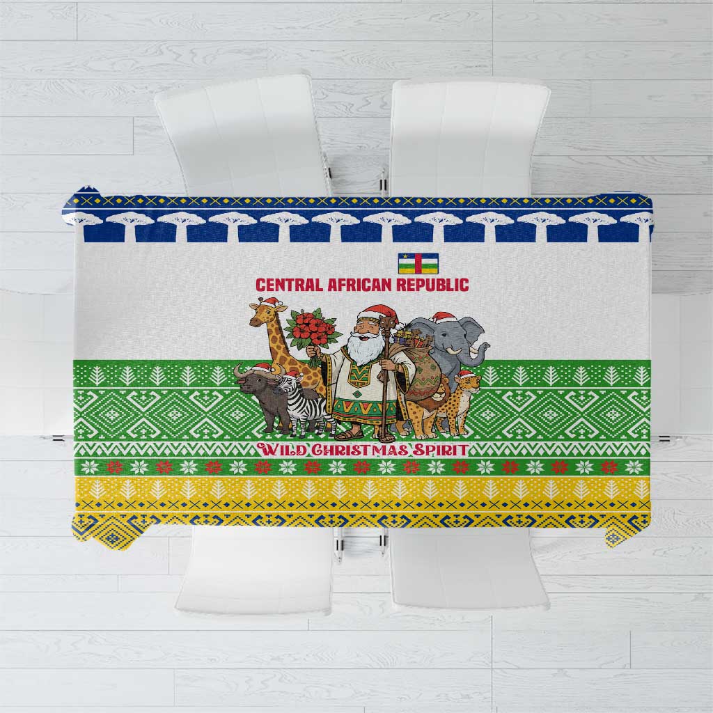 Central African Republic Christmas Tablecloth with Santa and Safari Animals Baobab Trees Snowflakes and Tribal Pattern - Wonder Print Shop