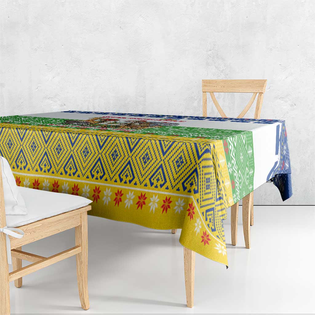 Central African Republic Christmas Tablecloth with Santa and Safari Animals Baobab Trees Snowflakes and Tribal Pattern - Wonder Print Shop