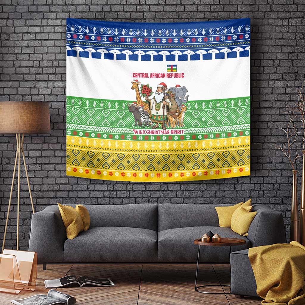 Central African Republic Christmas Tapestry with Santa and Safari Animals Baobab Trees Snowflakes and Tribal Pattern - Wonder Print Shop