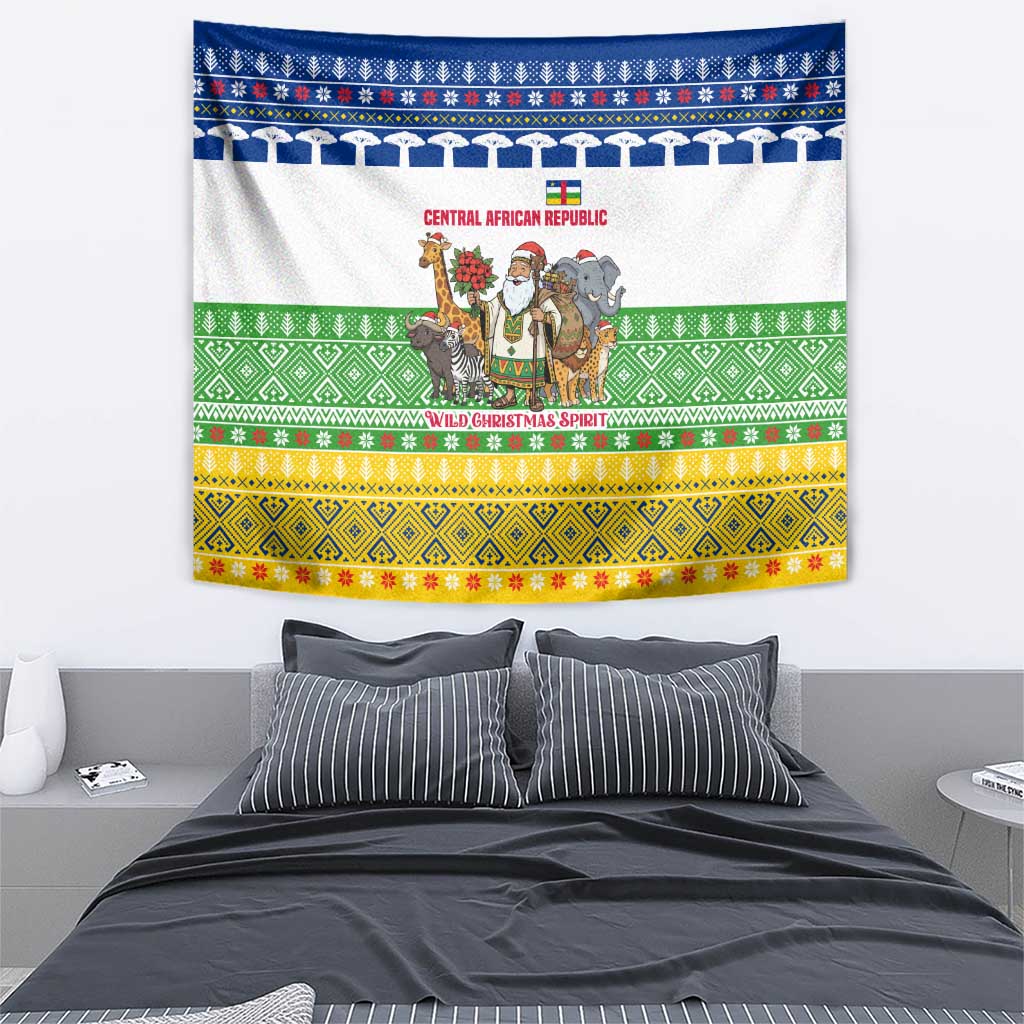 Central African Republic Christmas Tapestry with Santa and Safari Animals Baobab Trees Snowflakes and Tribal Pattern - Wonder Print Shop