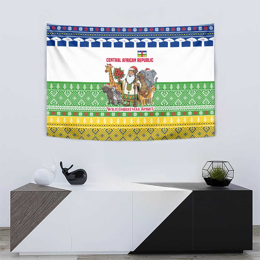 Central African Republic Christmas Tapestry with Santa and Safari Animals Baobab Trees Snowflakes and Tribal Pattern - Wonder Print Shop