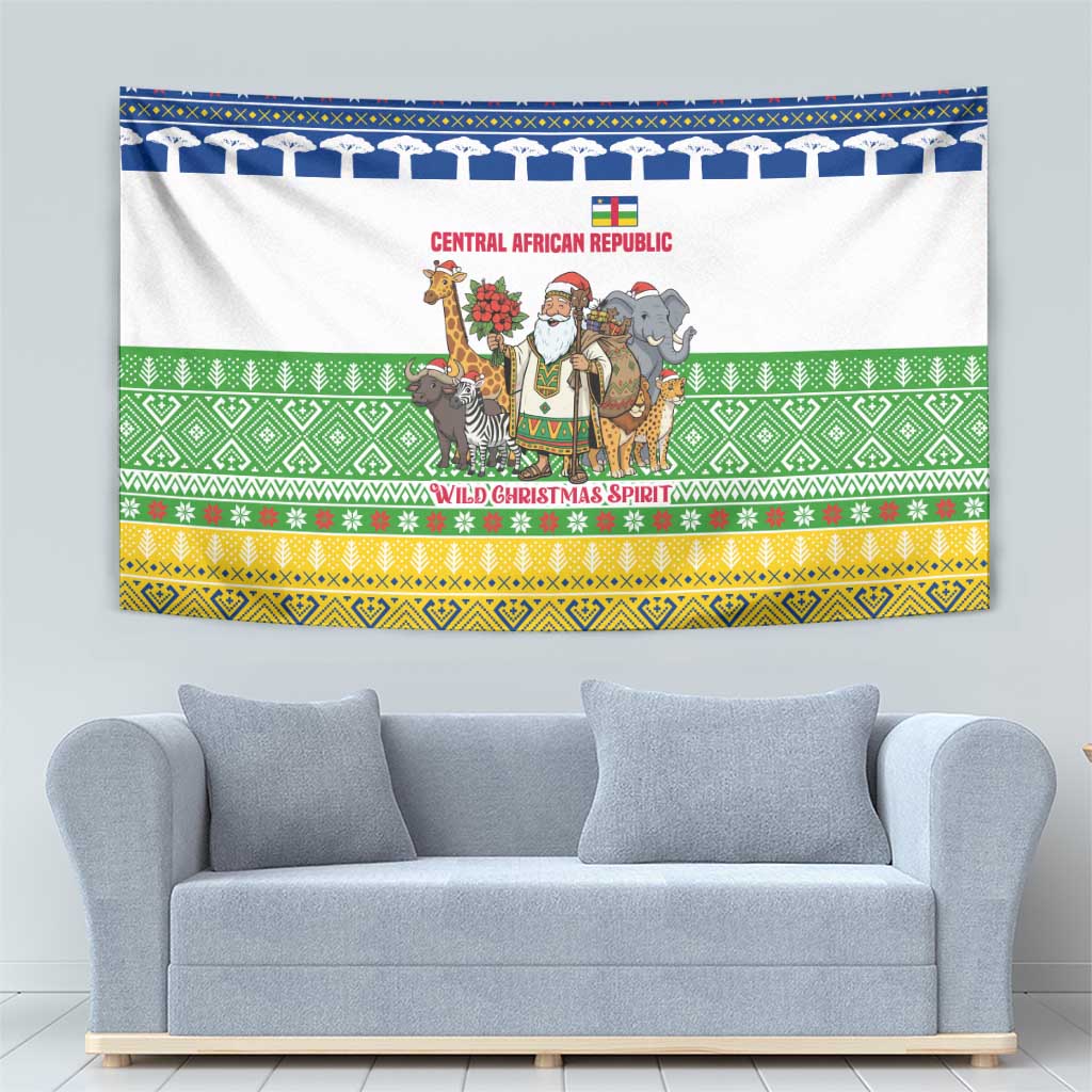 Central African Republic Christmas Tapestry with Santa and Safari Animals Baobab Trees Snowflakes and Tribal Pattern - Wonder Print Shop