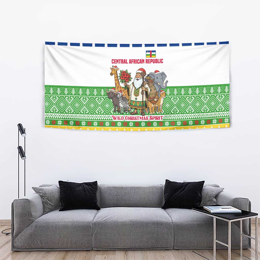 Central African Republic Christmas Tapestry with Santa and Safari Animals Baobab Trees Snowflakes and Tribal Pattern - Wonder Print Shop