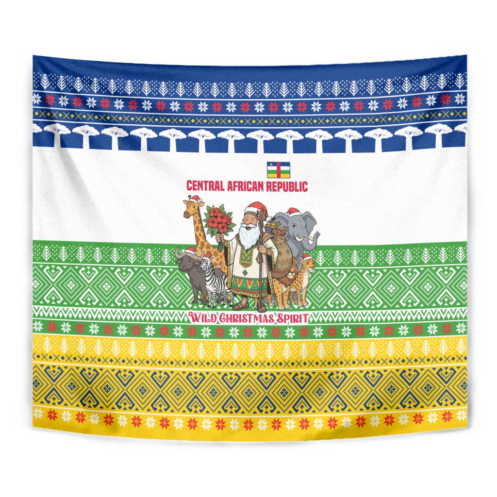 Central African Republic Christmas Tapestry with Santa and Safari Animals Baobab Trees Snowflakes and Tribal Pattern - Wonder Print Shop