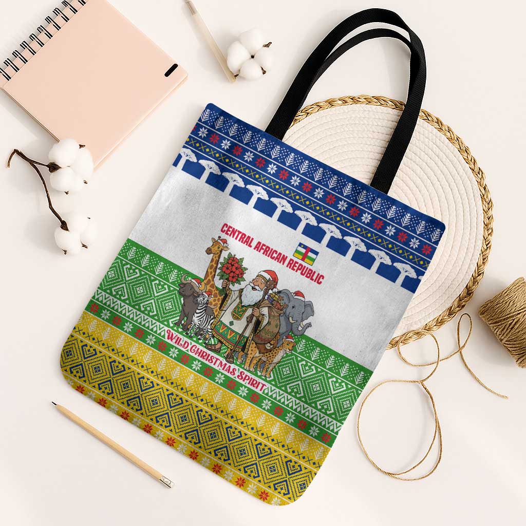 Central African Republic Christmas Tote Bag with Santa and Safari Animals Baobab Trees Snowflakes and Tribal Pattern - Wonder Print Shop