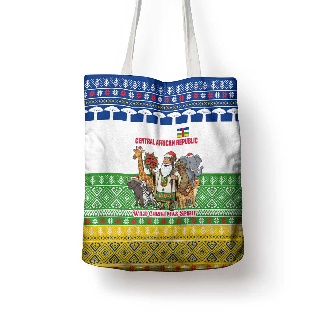 Central African Republic Christmas Tote Bag with Santa and Safari Animals Baobab Trees Snowflakes and Tribal Pattern - Wonder Print Shop