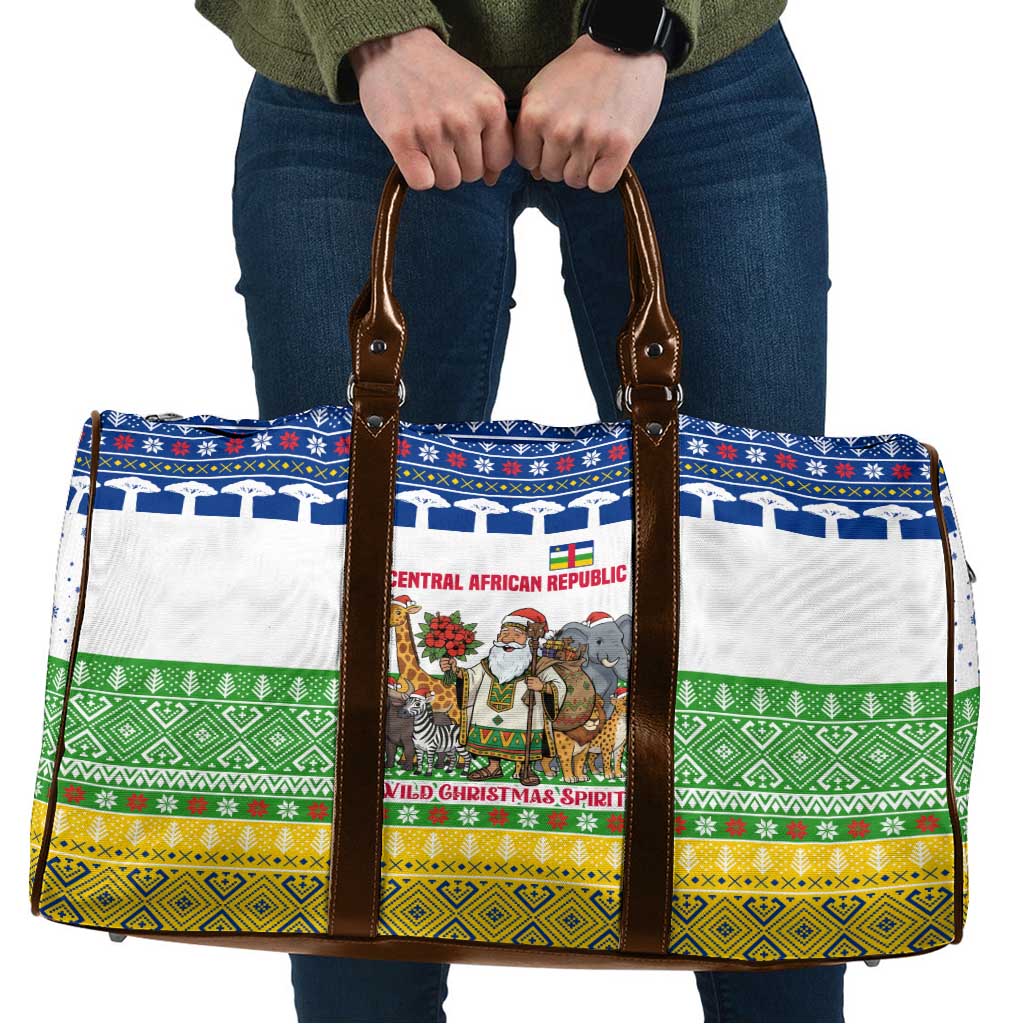 Central African Republic Christmas Travel Bag with Santa and Safari Animals Baobab Trees Snowflakes and Tribal Pattern - Wonder Print Shop