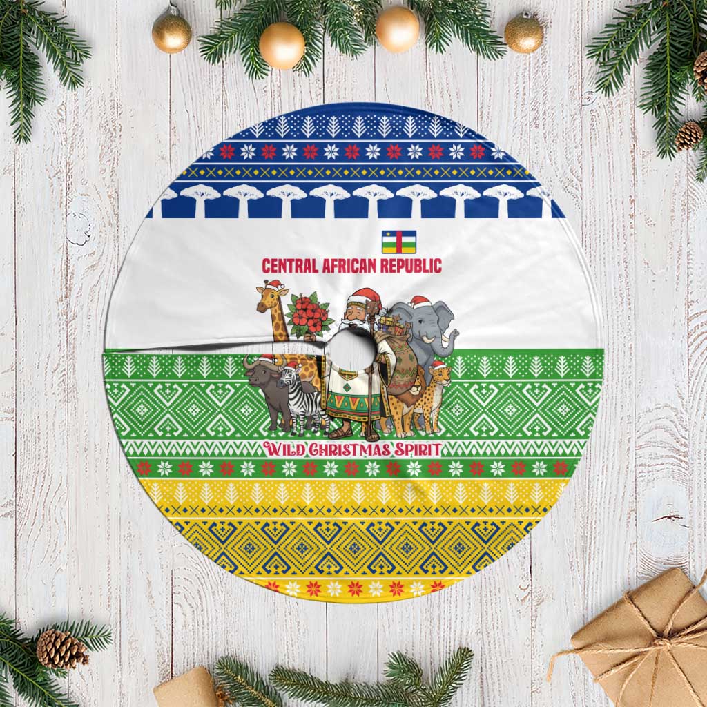 Central African Republic Christmas Tree Skirt with Santa and Safari Animals Baobab Trees Snowflakes and Tribal Pattern - Wonder Print Shop