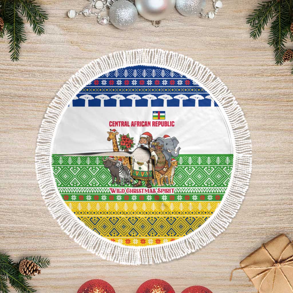 Central African Republic Christmas Tree Skirt with Santa and Safari Animals Baobab Trees Snowflakes and Tribal Pattern - Wonder Print Shop