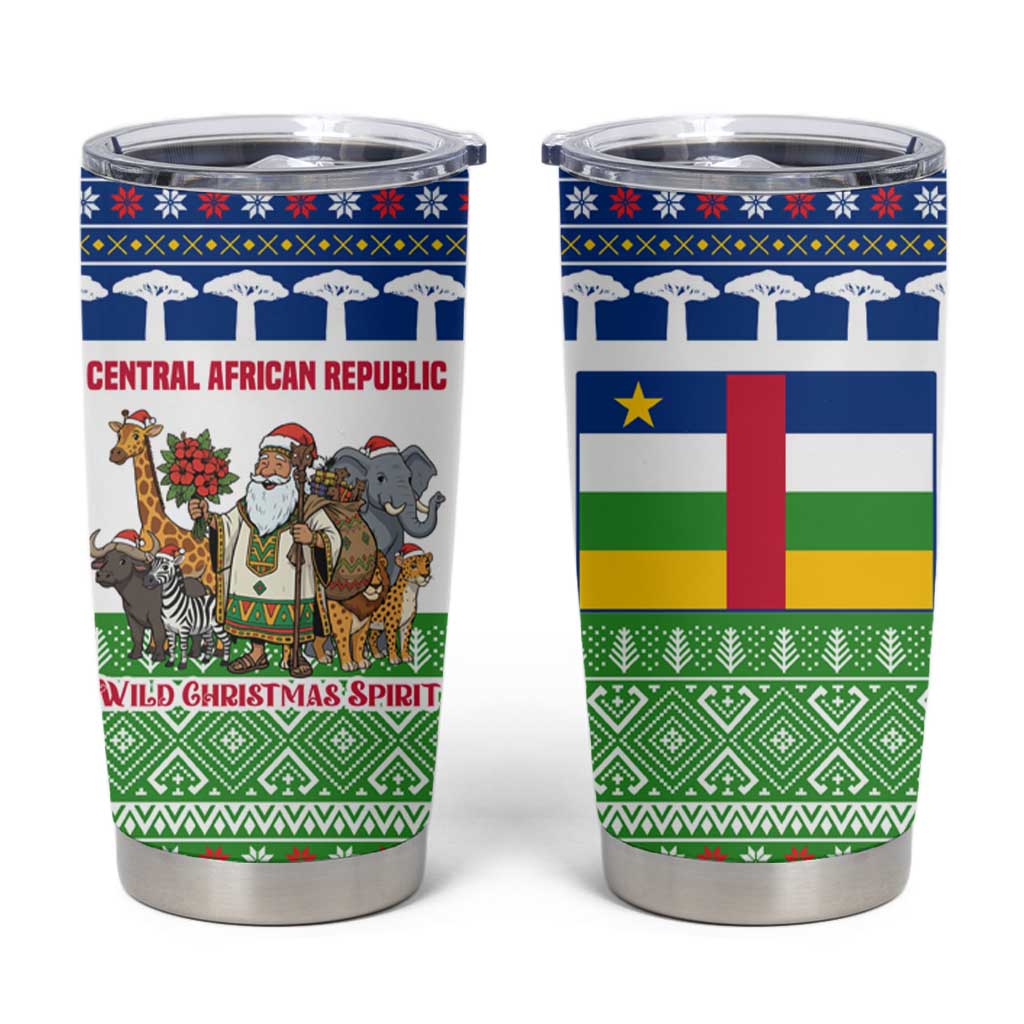 Central African Republic Christmas Tumbler Cup with Santa and Safari Animals Baobab Trees Snowflakes and Tribal Pattern - Wonder Print Shop