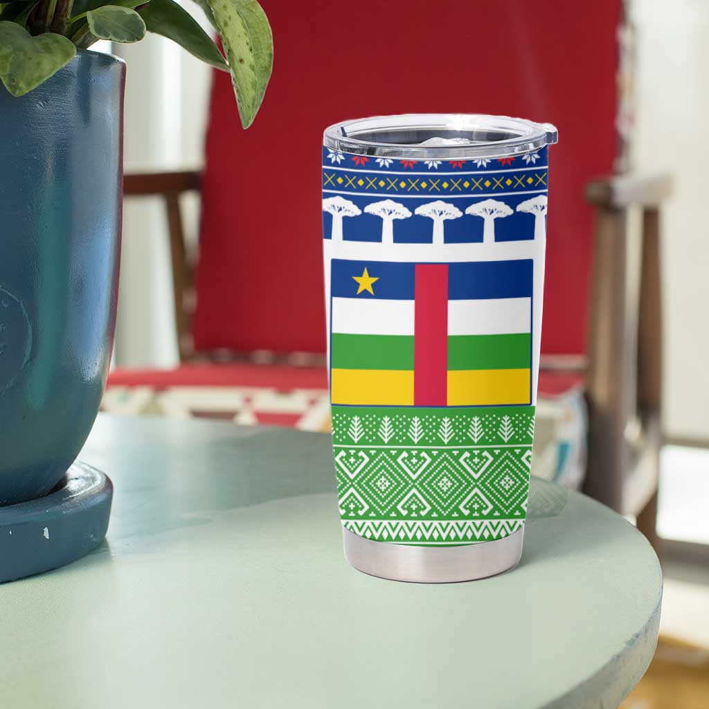 Central African Republic Christmas Tumbler Cup with Santa and Safari Animals Baobab Trees Snowflakes and Tribal Pattern - Wonder Print Shop