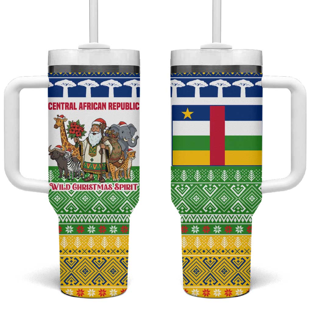 Central African Republic Christmas Tumbler With Handle with Santa and Safari Animals Baobab Trees Snowflakes and Tribal Pattern - Wonder Print Shop