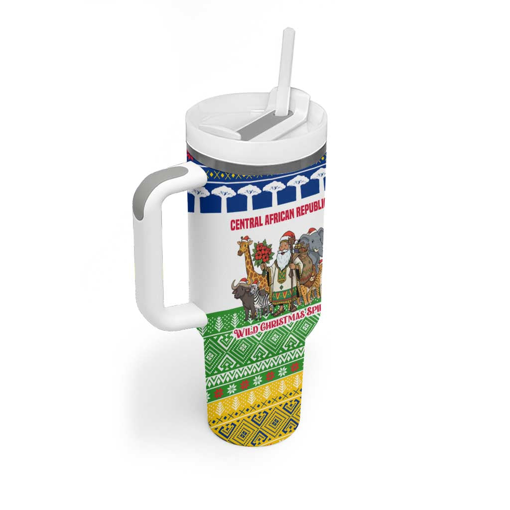 Central African Republic Christmas Tumbler With Handle with Santa and Safari Animals Baobab Trees Snowflakes and Tribal Pattern - Wonder Print Shop