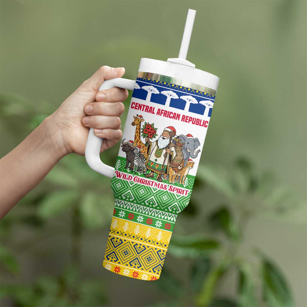 Central African Republic Christmas Tumbler With Handle with Santa and Safari Animals Baobab Trees Snowflakes and Tribal Pattern - Wonder Print Shop