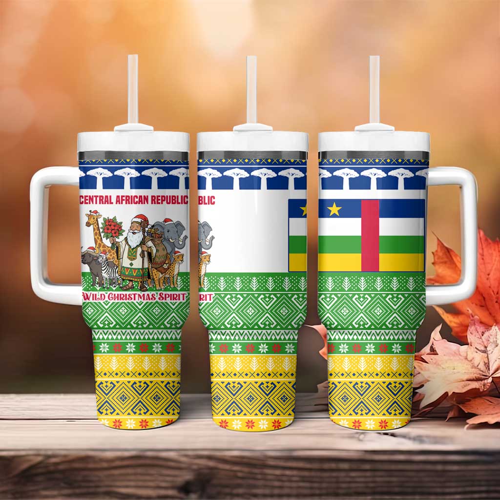 Central African Republic Christmas Tumbler With Handle with Santa and Safari Animals Baobab Trees Snowflakes and Tribal Pattern - Wonder Print Shop