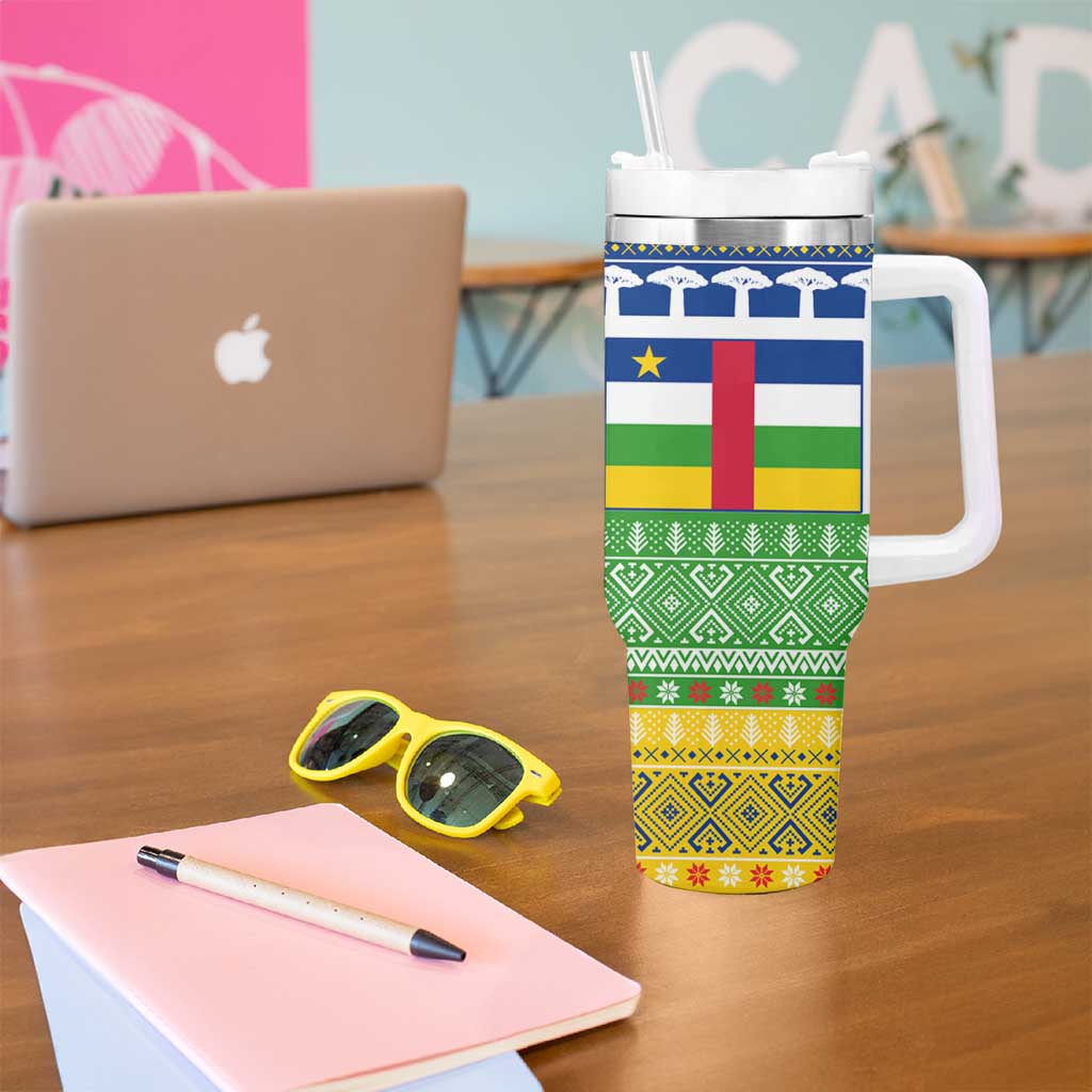 Central African Republic Christmas Tumbler With Handle with Santa and Safari Animals Baobab Trees Snowflakes and Tribal Pattern - Wonder Print Shop
