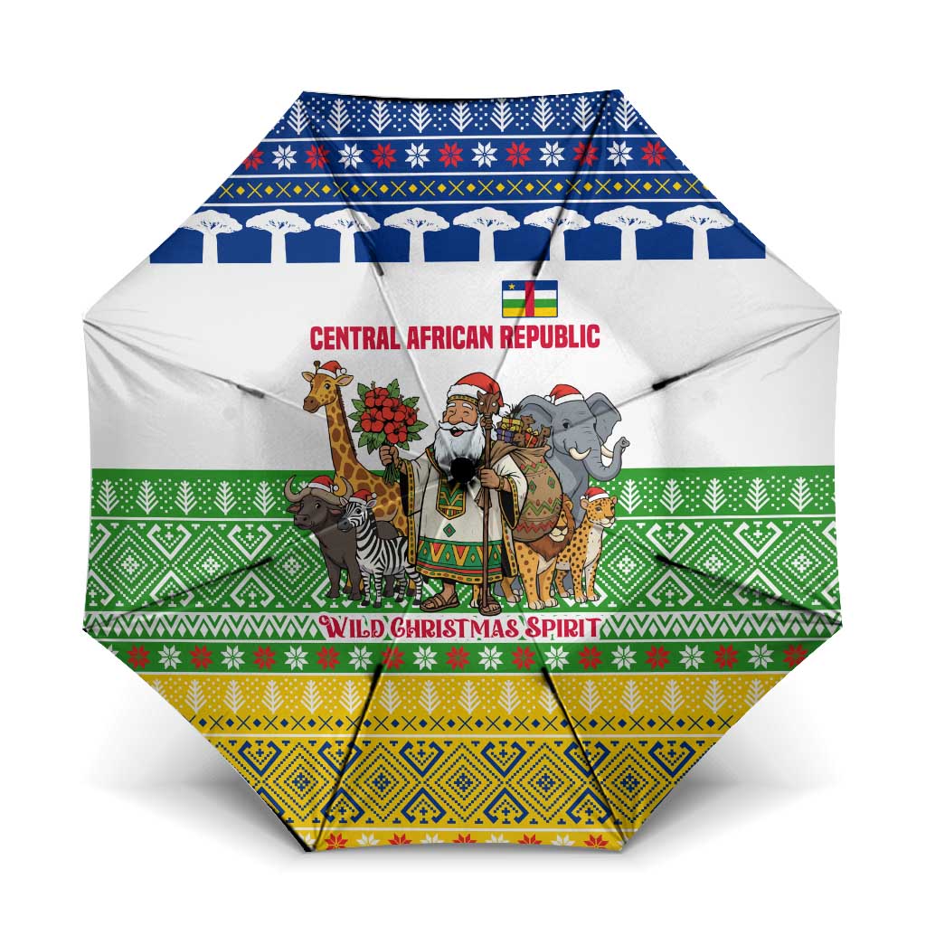 Central African Republic Christmas Umbrella with Santa and Safari Animals Baobab Trees Snowflakes and Tribal Pattern - Wonder Print Shop