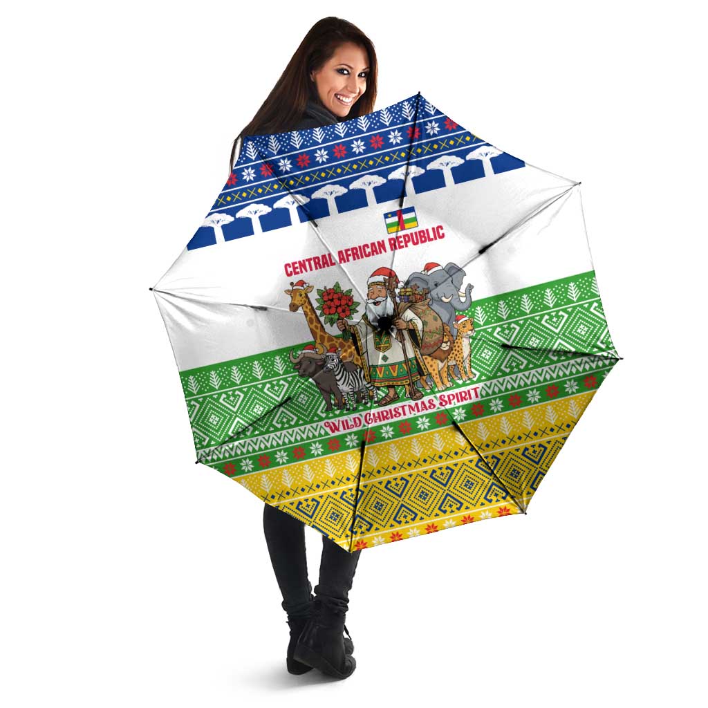 Central African Republic Christmas Umbrella with Santa and Safari Animals Baobab Trees Snowflakes and Tribal Pattern - Wonder Print Shop